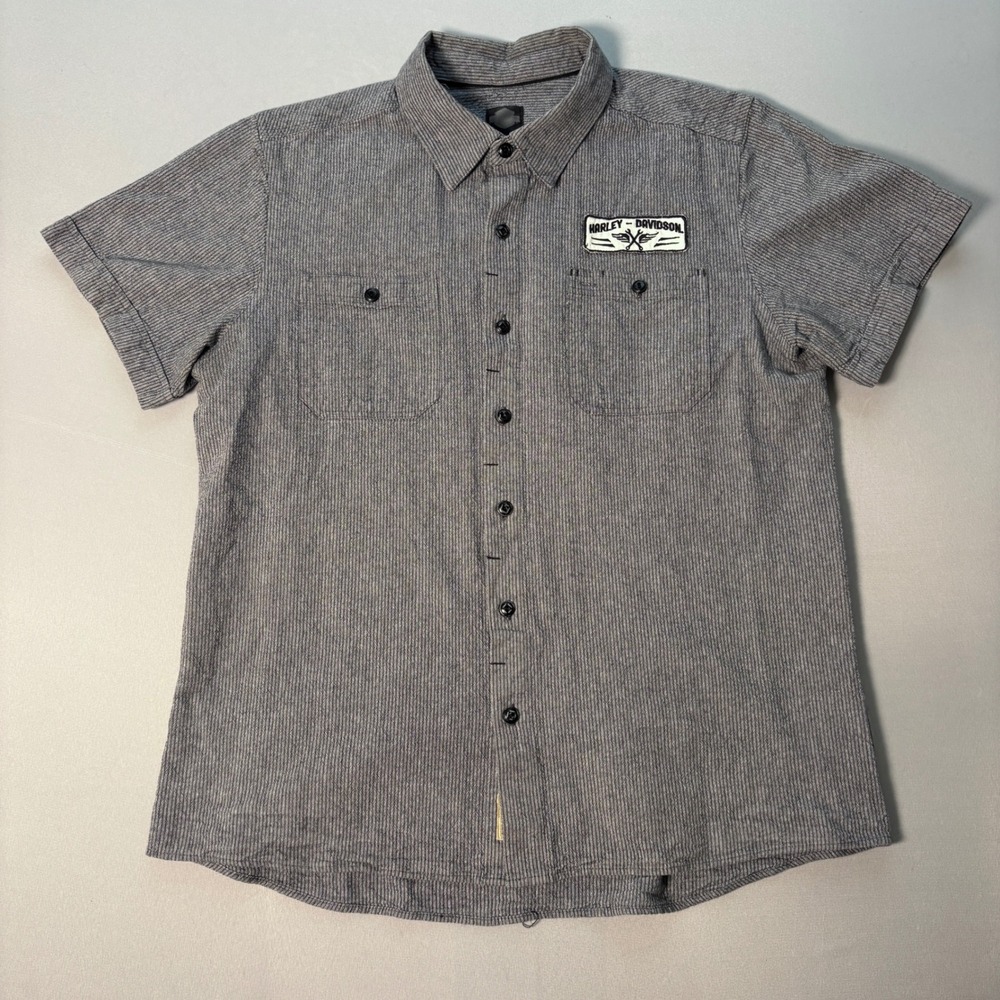 Harley-Davidson Mens XL Gray Striped Short Sleeve Button Down Cotton Shirt